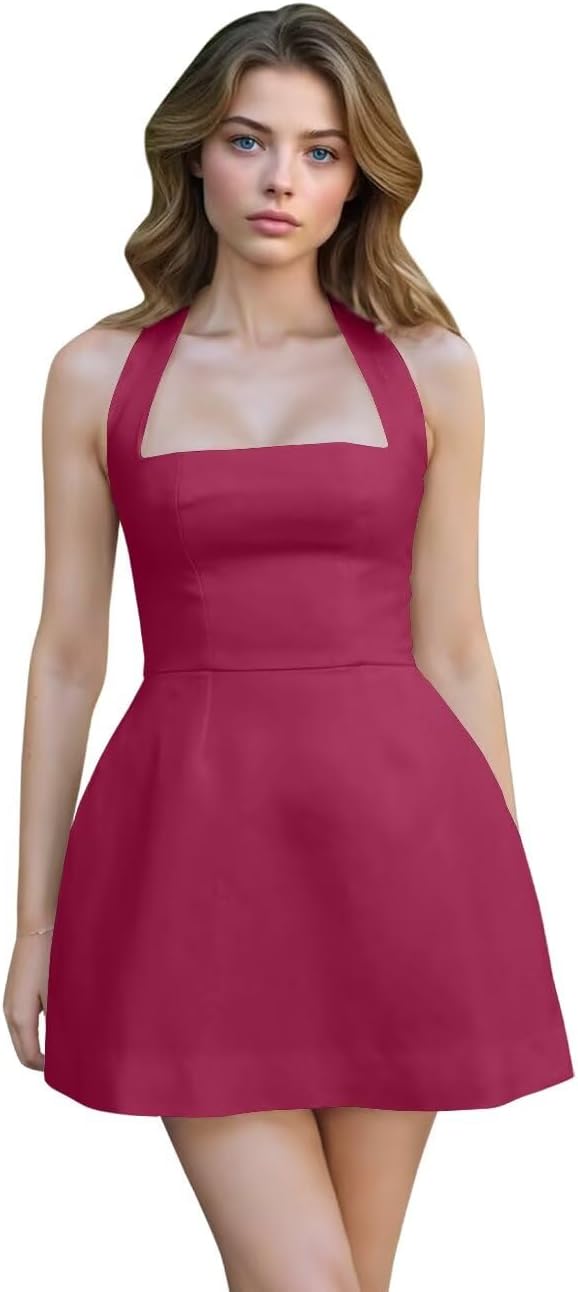 Satin Halter Homecoming Dresses for Teens Short Prom Dress 2027 Mini Formal Evening Cocktail Gowns with Pockets