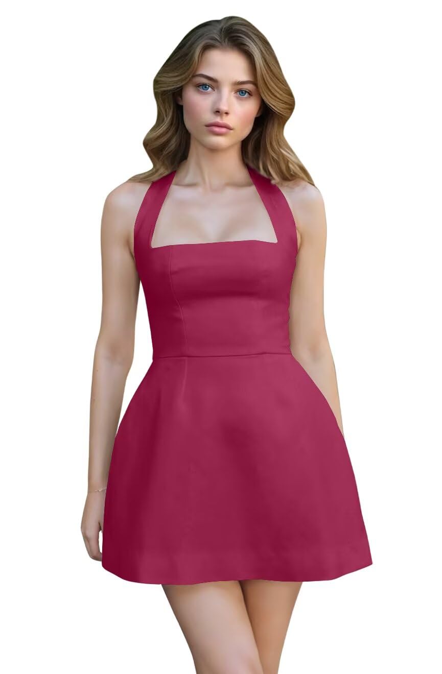 Satin Halter Homecoming Dresses for Teens Short Prom Dress 2027 Mini Formal Evening Cocktail Gowns with Pockets