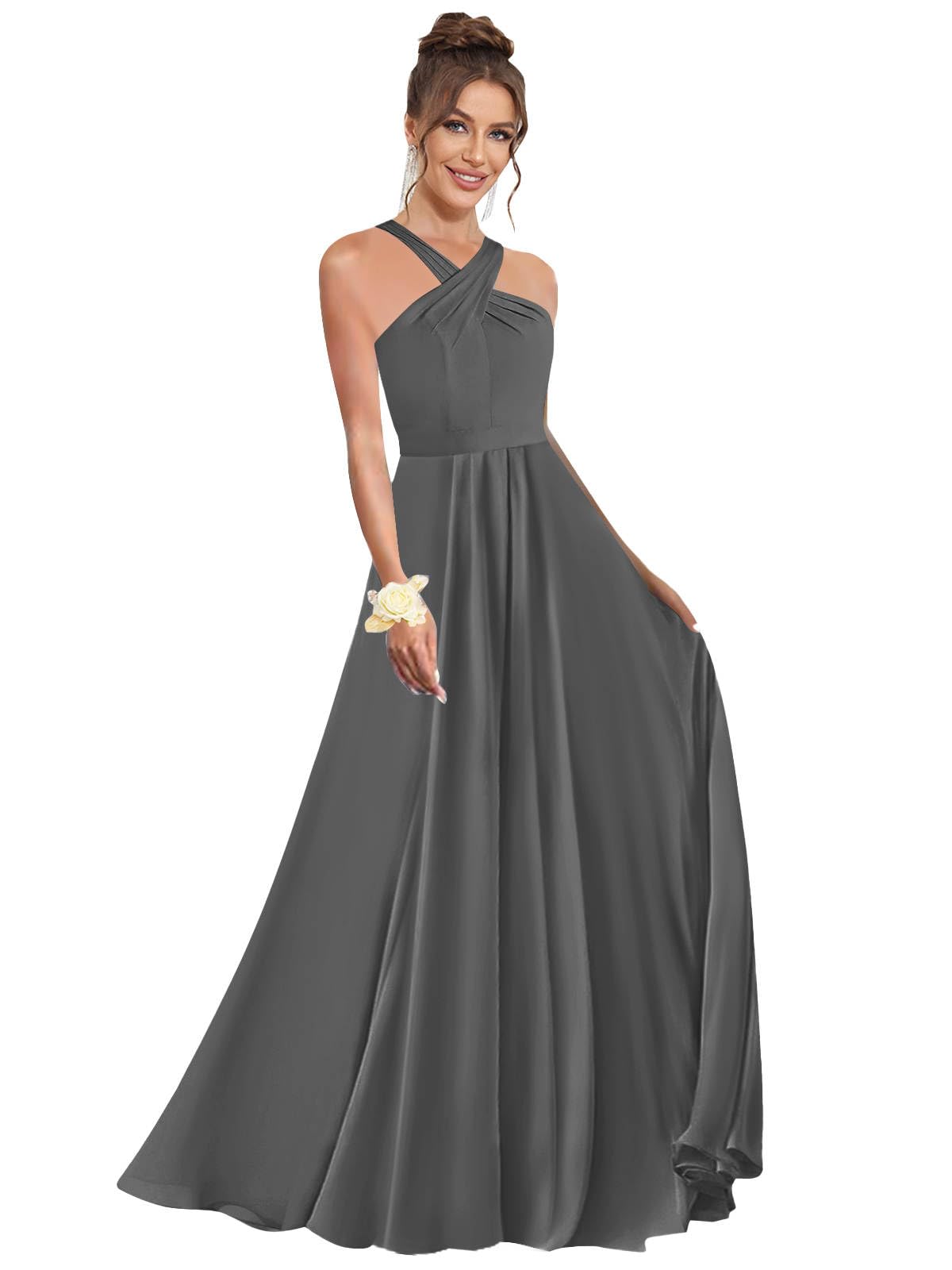 Halter Bridesmaid Dresses for Wedding Chiffon A Line Pleated Long Formal Prom Dress with Belt