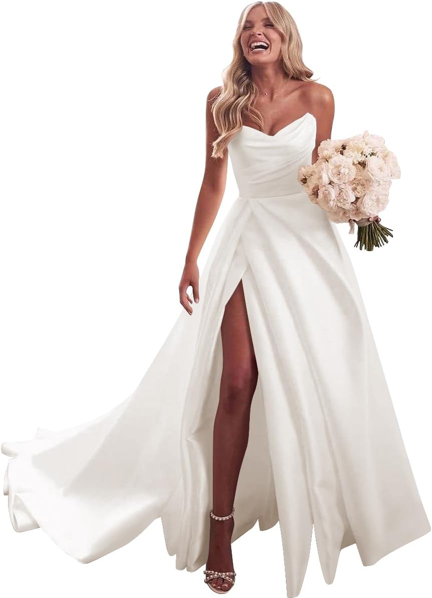 Strapless Satin Prom Wedding Dresses with Slit Long Pleats Formal Ball Bridal Gowns with Pockets