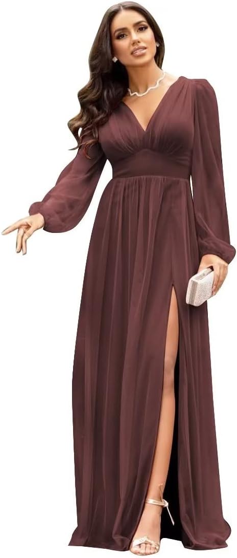 Langärmlige Brautjungfernkleider für Hochzeiten, V-Ausschnitt, formelles Kleid mit Schlitz, Chiffon-Ballkleid