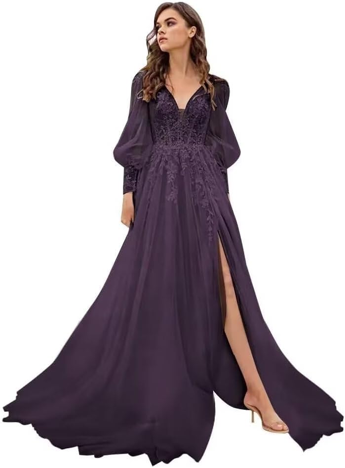 Long Sleeve Tulle Prom Evening Dresses Long Lace Applique A Line Ball Gown 2027