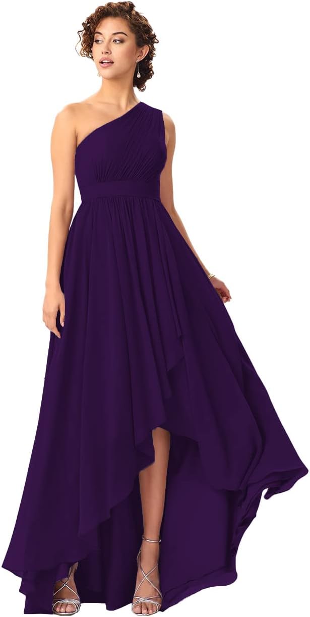 Women's One Shoulder Bridesmaid Dresses High Low Chiffon Formal Party Gowns with Pockets