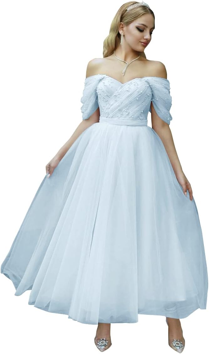 Tulle Tea Length Prom Dresses for Women Off The Shoulder Ball Gowns Teens Sweetheart Beaded Puffy Princess Dress
