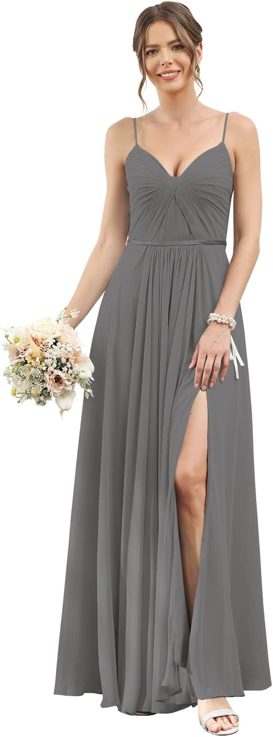 Vestidos de dama de honor largos con tirantes finos y bolsillos, plisados, formales, de noche, con abertura 