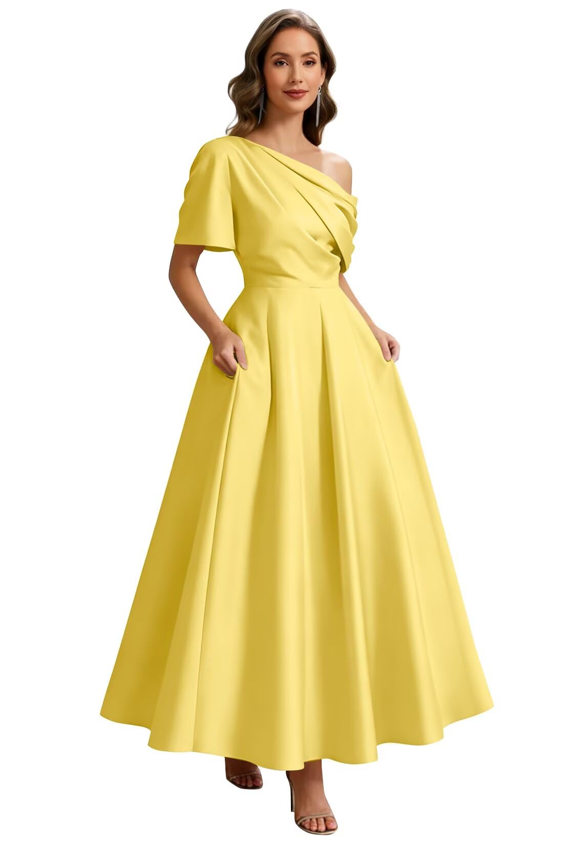 Kingbridal Satin Mother of The Bride Dresses for Women Tea Length Formal Dress One Shoulder Evening Party Gowns with Pockets