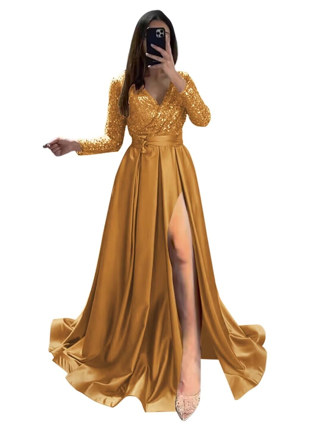 Long Sleeve Sequin Prom Dresses for Women 2027 Satin Formal Dress Sparkly Slit Evening Party Gown with Pocket