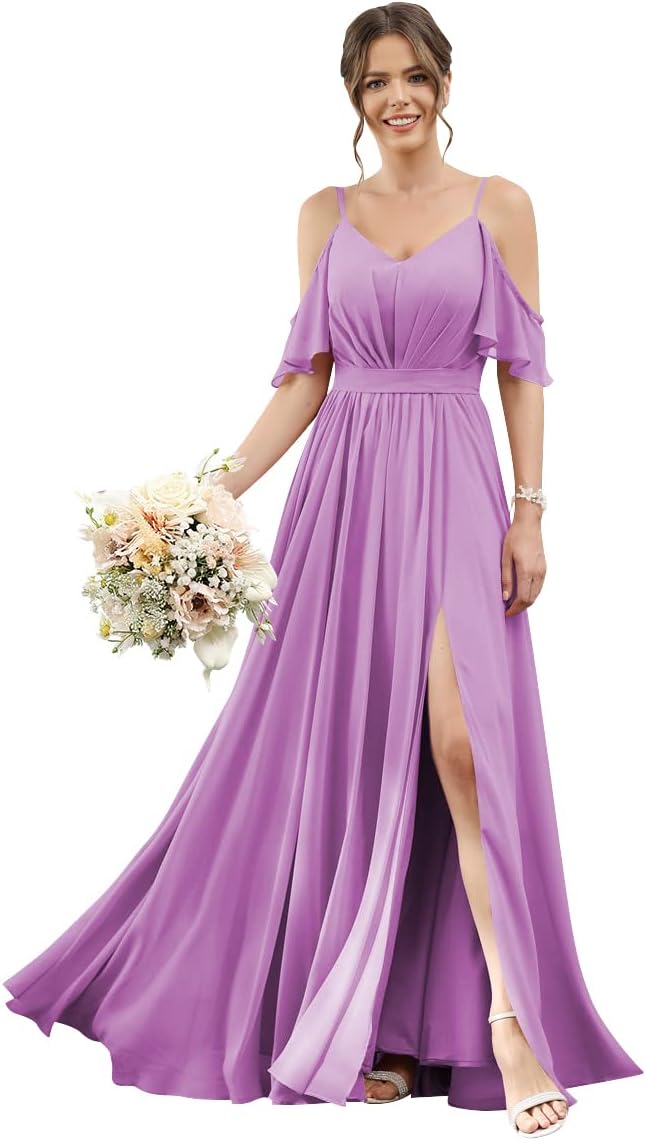 Women's Cold Shoulder Ruffle Sleeves Bridesmaid Dresses for Women 2025 Pleated Chiffon Formal Dresses with Slit