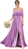 Women's Cold Shoulder Ruffle Sleeves Bridesmaid Dresses for Women 2025 Pleated Chiffon Formal Dresses with Slit