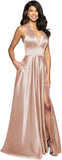 Womens Satin Prom Dresses Long with Slit Halter Evening Formal Gowns for Women with Pockets