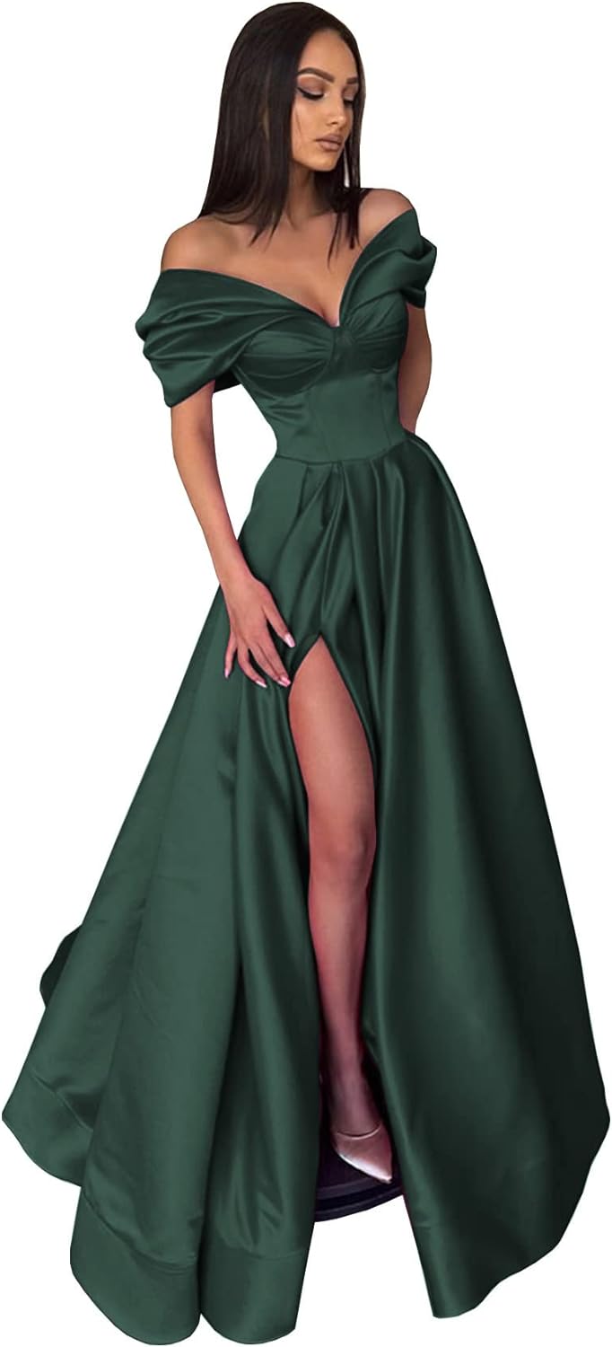 Women’s Off The Shoulder Prom Dresses with Slit Satin Ruched Long Formal Evening Gowns