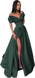 Women’s Off The Shoulder Prom Dresses with Slit Satin Ruched Long Formal Evening Gowns