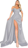 Off Shoulder Satin Bridesmaid Dresses Long Formal Gown for Wedding Ruched Prom Dress with Slit