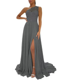 One Shoulder Chiffon Bridesmaid Dresses for Wedding 2026 Lace A-Line Slit Formal Evening Party Gown with Pockets