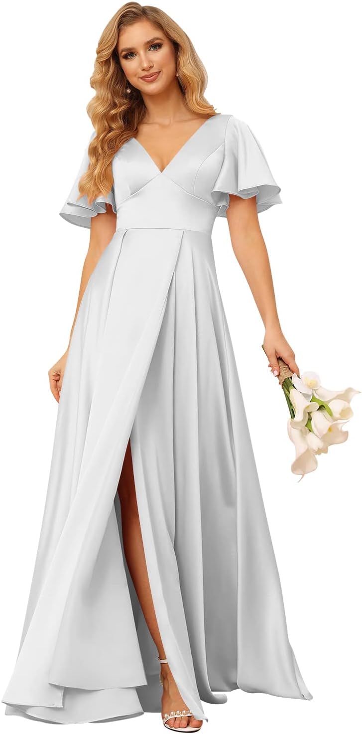 Women's V Neck Ruffle Sleeves Bridesmaid Dresses with Slit 2025 Satin A-Line Formal Evening Gowns