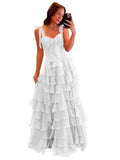 Tiered Prom Dresses with Bow Long A-Line Chiffon Formal Evening Dress for Women Spaghetti Straps Slit Ball Gown
