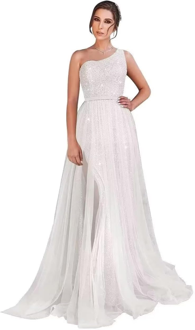One Shoulder Sequin Prom Dress Long A-Line Tulle Formal Evening Gowns for Women 2027