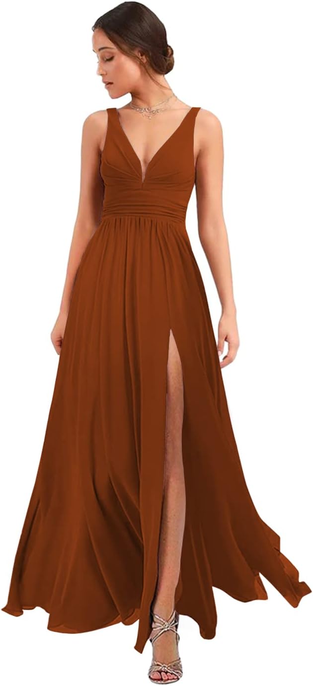 Women's Deep V Neck Bridesmaid Dresses with Slit Chiffon Pleats A Line Formal Party Dresses with Pockets