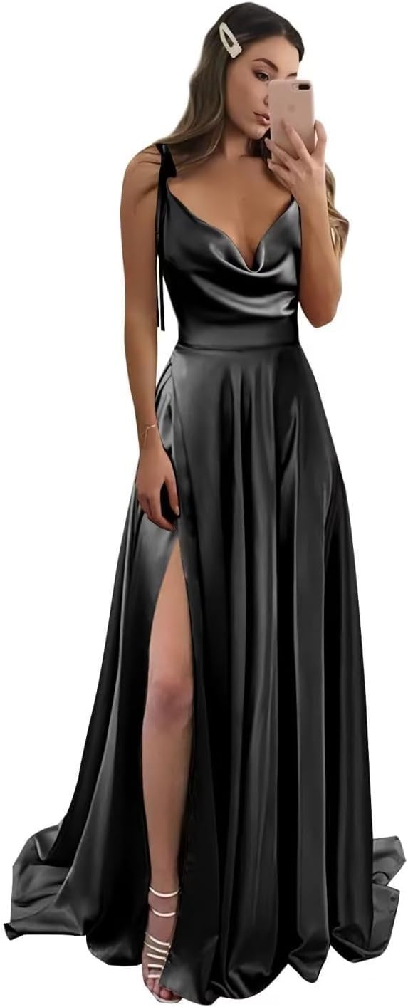 Vestidos de fiesta largos de satén con abertura alta para mujer, 2024, tirantes finos ajustables, vestidos de fiesta formales con bolsillos 