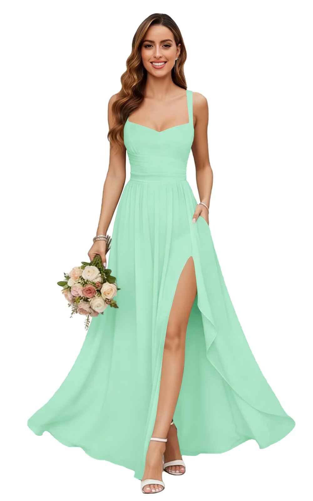 Chiffon Bridesmaid Dresses for Women Long Spaghetti Straps A-line Pleated Formal Evening Party Gowns with Pockets