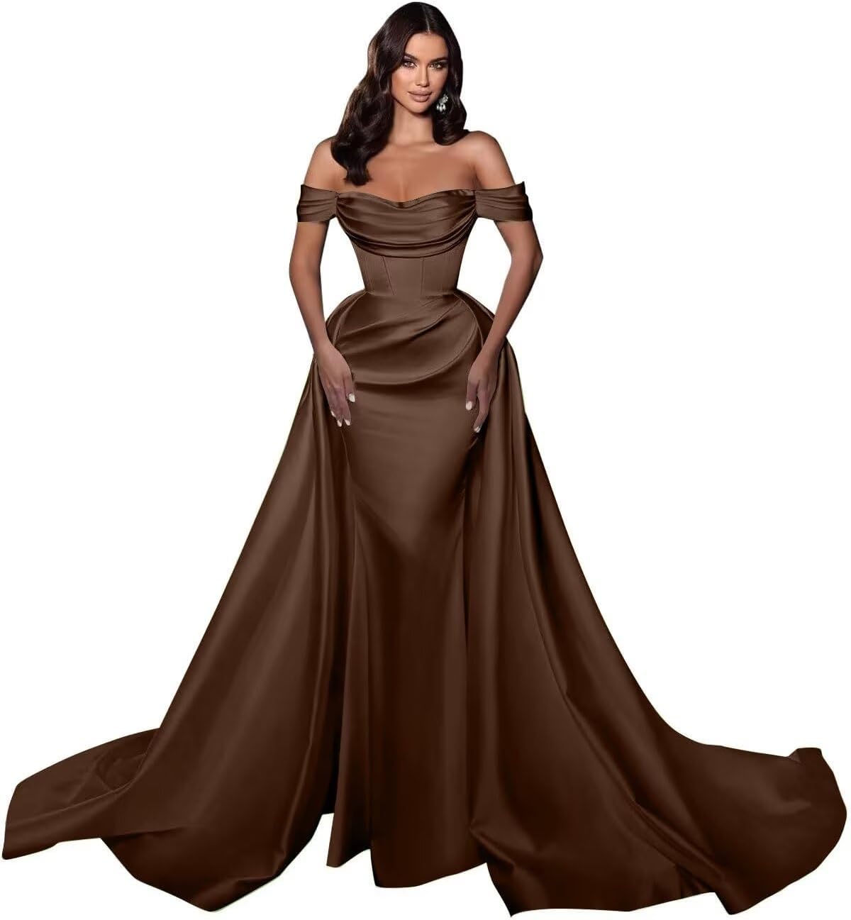 Mermaid Satin Prom Dresses for Women 2027 Long Off Shoulder Ruched Corset Formal Evening Dress Detachable Train