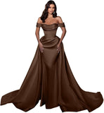 Mermaid Satin Prom Dresses for Women 2027 Long Off Shoulder Ruched Corset Formal Evening Dress Detachable Train