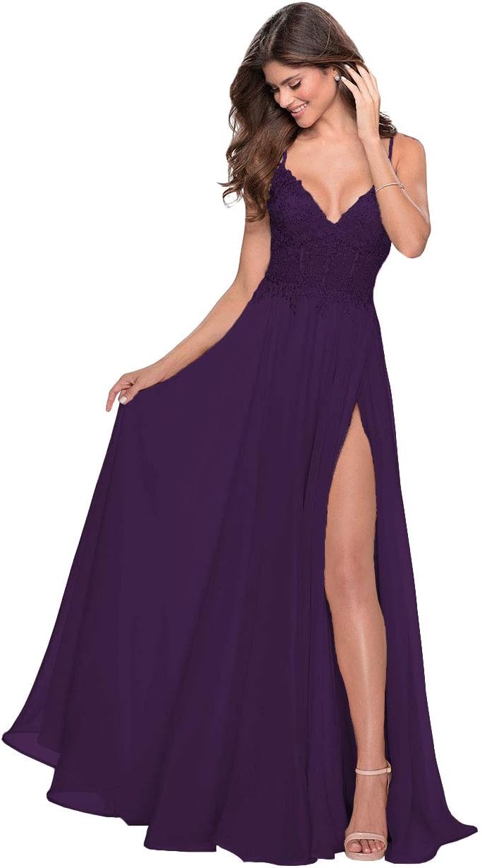 Women's Lace Appliqued Chiffon Prom Dresses Long with Slit Spaghetti Straps V Neck Formal Party Gowns