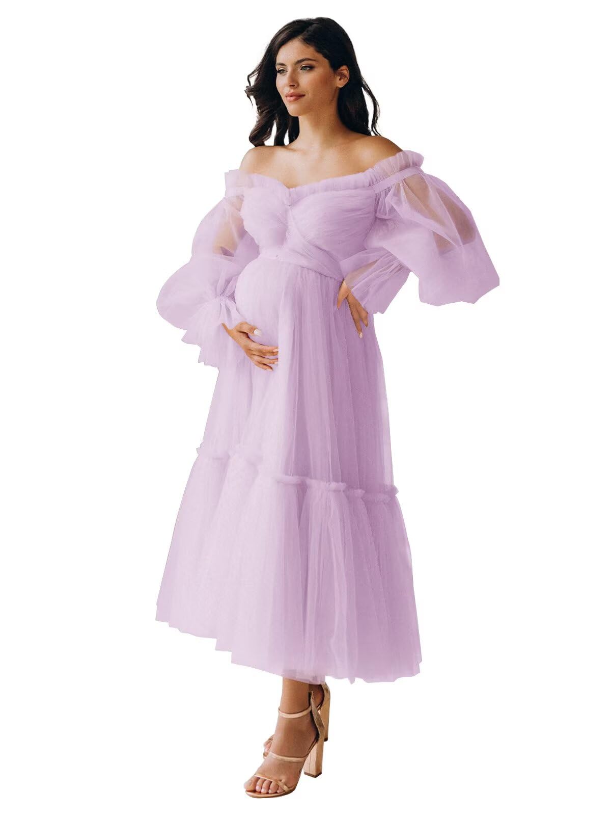 Eightale Tulle Tea Length Maternity Dresses for Photo Shoot Long Sleeve Pregnancy Gown for Baby Shower