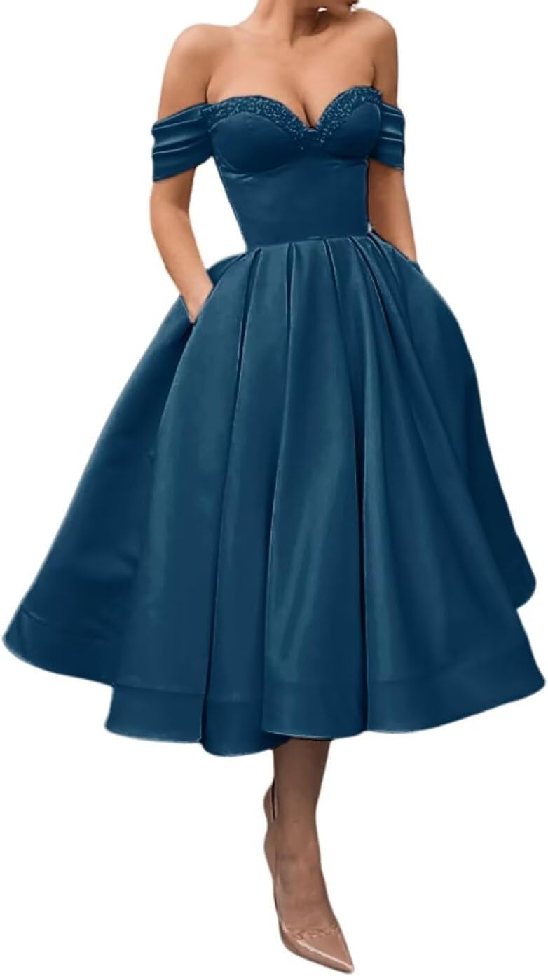 A Line Off Shoulder Prom Dresses for Women Satin Tea Length Cocktail Party Dresses with Pockets