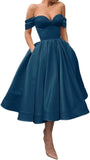 A Line Off Shoulder Prom Dresses for Women Satin Tea Length Cocktail Party Dresses with Pockets