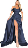 Off Shoulder Satin Bridesmaid Dresses Long Formal Gown for Wedding Ruched Prom Dress with Slit