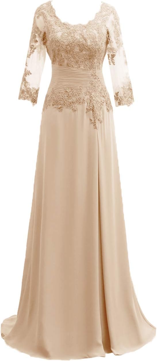 Women's Lace Appliqued Mother of The Bride Dresses 3/4 Sleeves Scoop Long Formal Evening Dress