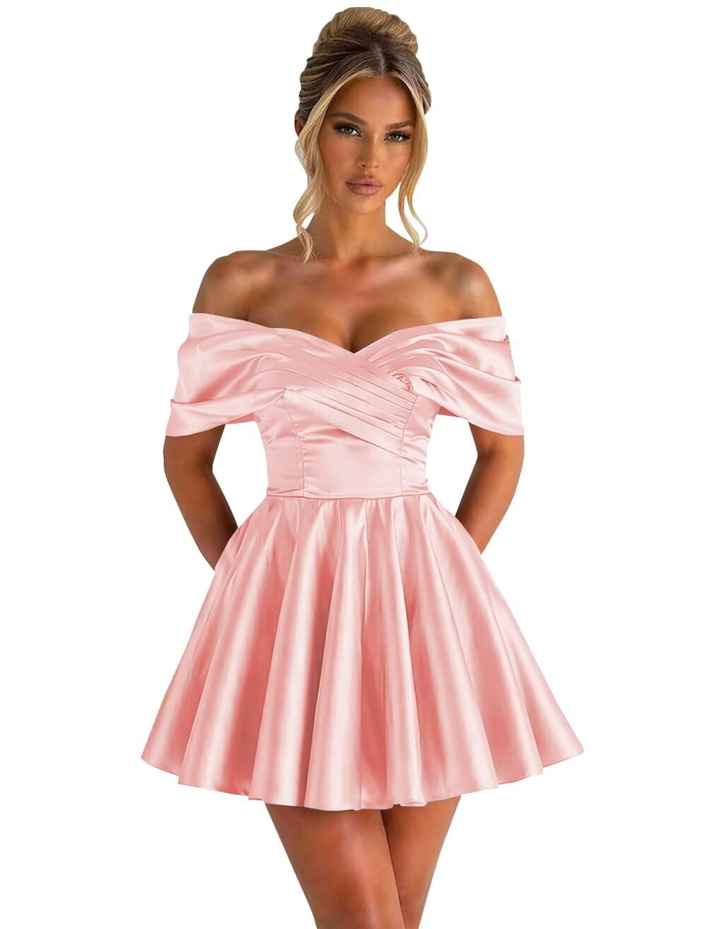 Off Shoulder Satin Homecoming Dresses for Teens 2026 Short Prom Dress A-line Pleated Cocktail Party Gowns