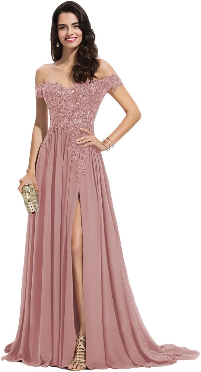 Women's Off The Shoulder Long Prom Dresses with Slit Lace Appliqued Chiffon Formal Party Gowns