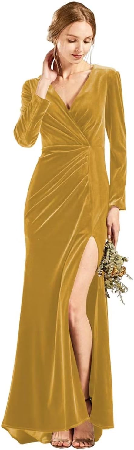 Langärmliges Brautjungfernkleid aus Samt mit Schlitz, V-Ausschnitt, Meerjungfrau-Stil, formelles Kleid für Damen