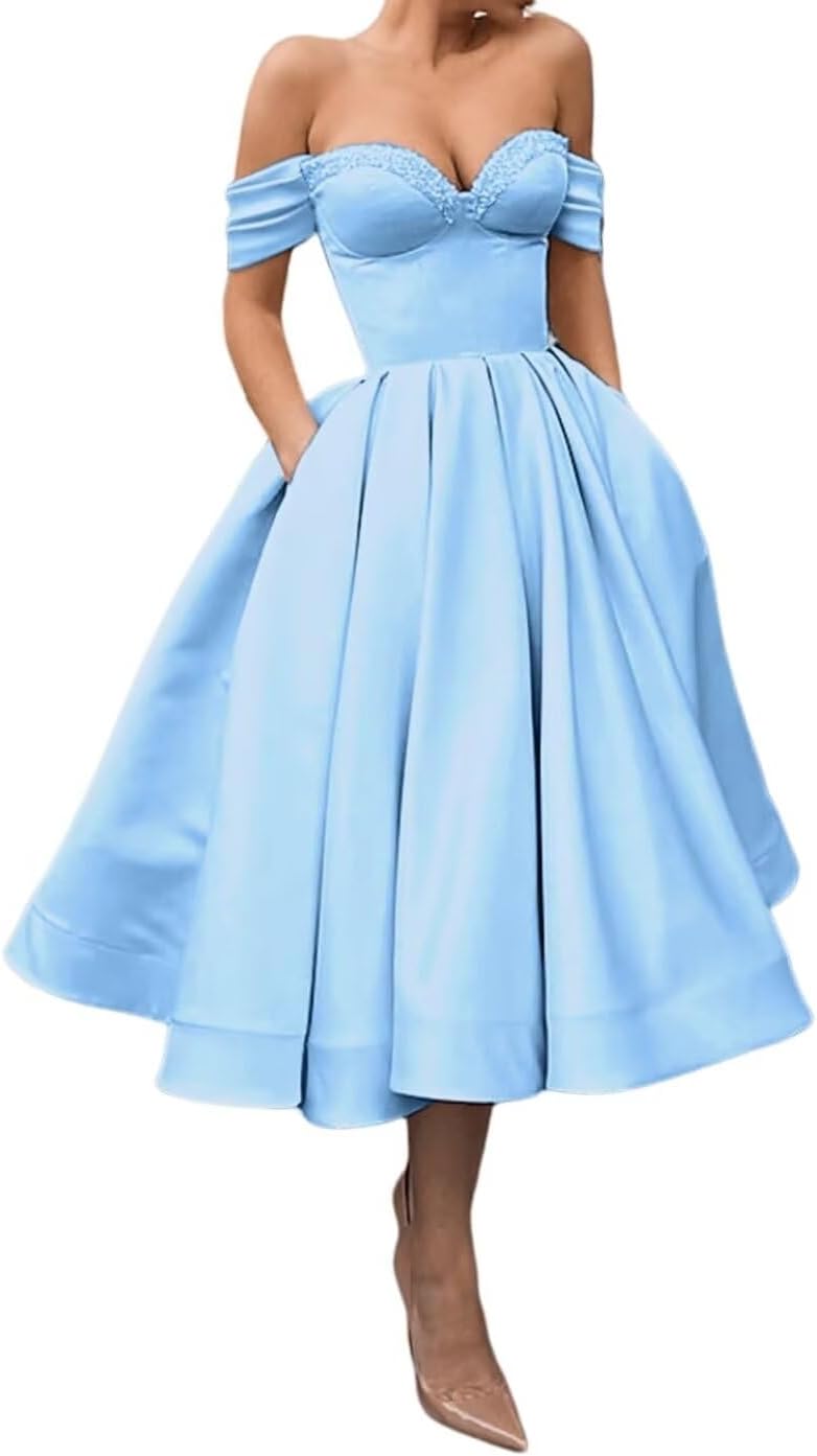 A Line Off Shoulder Prom Dresses for Women Satin Tea Length Cocktail Party Dresses with Pockets