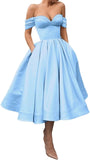 A Line Off Shoulder Prom Dresses for Women Satin Tea Length Cocktail Party Dresses with Pockets