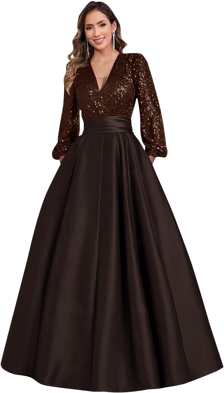 Satin Mother of Bride Dresses Long for Women Sequin Long Sleeve Evening Gown with Pockets