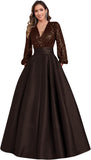 Satin Mother of Bride Dresses Long for Women Sequin Long Sleeve Evening Gown with Pockets