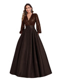 Satin Mother of Bride Dresses Long for Women Sequin Long Sleeve Evening Gown with Pockets
