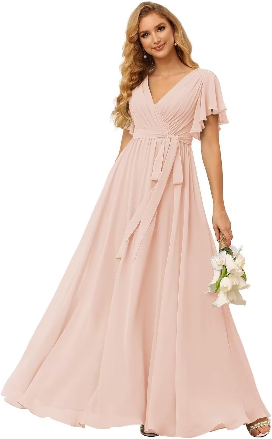 Damen Brautjungfernkleider mit Flatterärmeln, lang, mit Taschen, V-Ausschnitt, Chiffon, formelle Kleider 