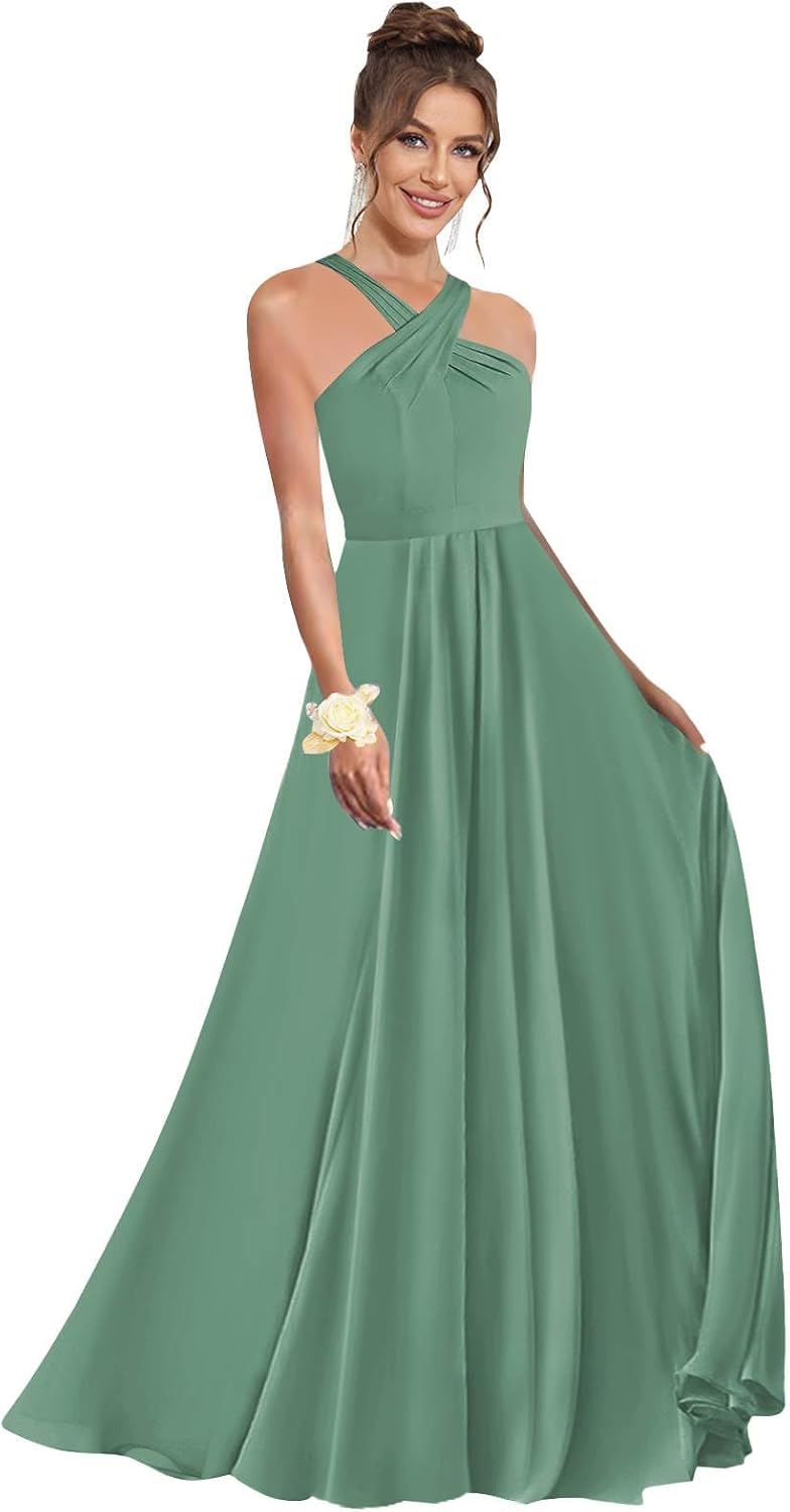 Halter Bridesmaid Dresses for Wedding Chiffon A Line Pleated Long Formal Prom Dress with Belt
