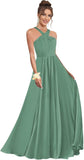 Halter Bridesmaid Dresses for Wedding Chiffon A Line Pleated Long Formal Prom Dress with Belt