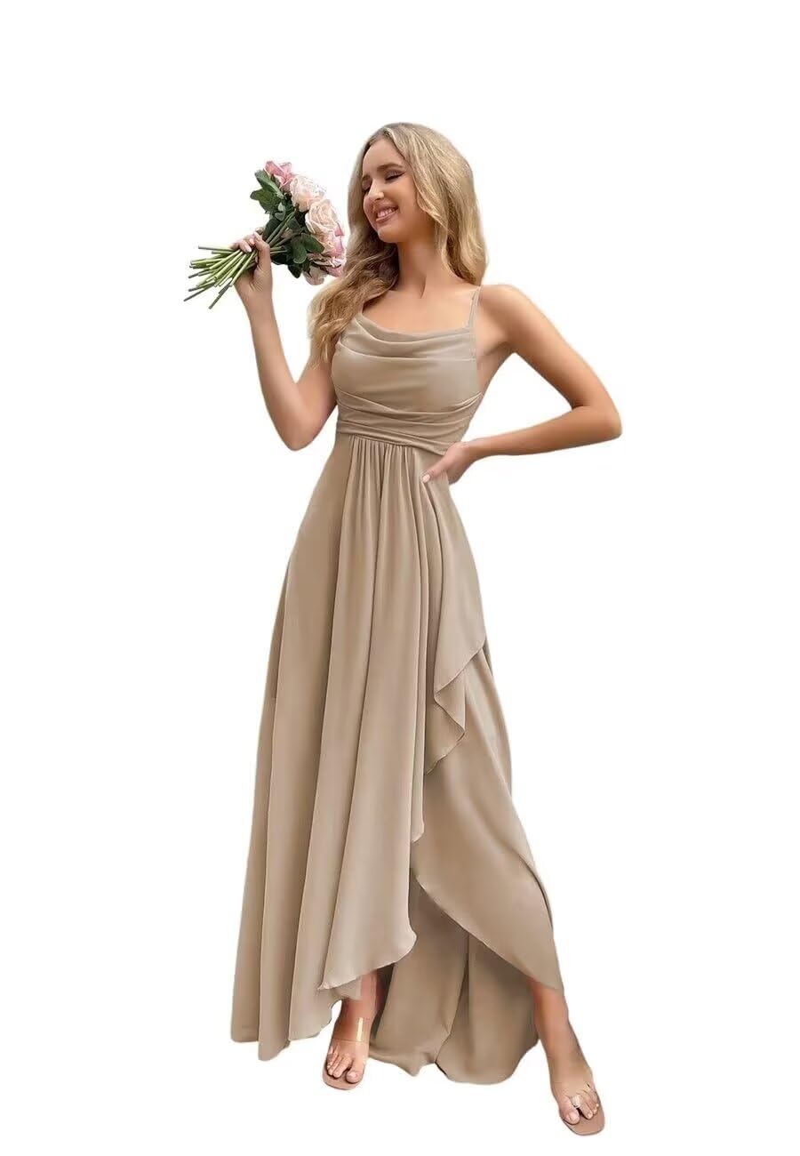 Spaghetti Strap Chiffon Bridesmaid Dresses for Women Long Ruched A-Line Cowl Neck Formal Evening Gowns with Slit