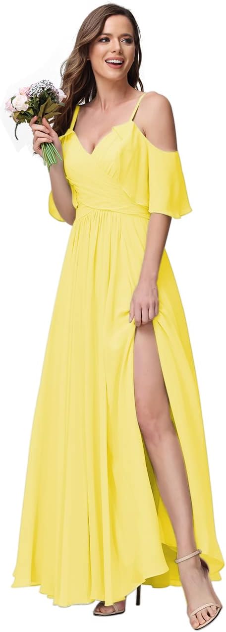 Women's Long Spaghetti Straps Bridesmaid Dress with Slit Off Shoulder Chiffon Formal Party Gowns