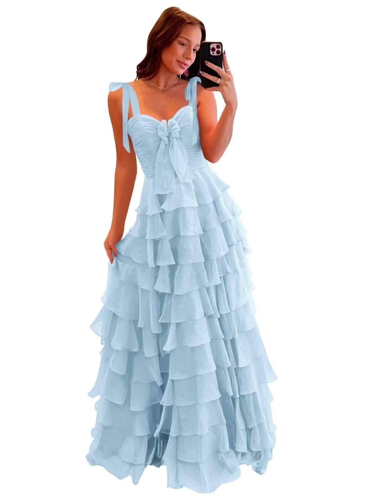 Tiered Prom Dresses with Bow Long A-Line Chiffon Formal Evening Dress for Women Spaghetti Straps Slit Ball Gown
