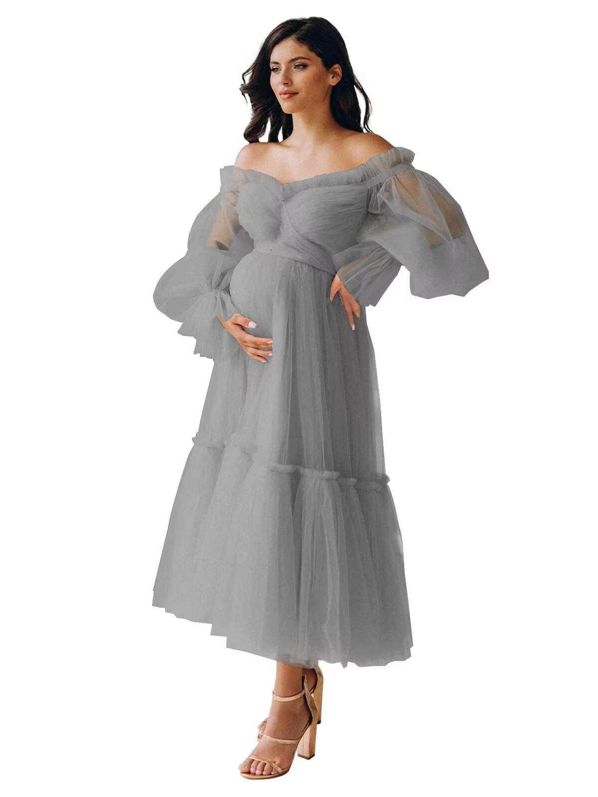 Eightale Tulle Tea Length Maternity Dresses for Photo Shoot Long Sleeve Pregnancy Gown for Baby Shower