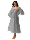 Eightale Tulle Tea Length Maternity Dresses for Photo Shoot Long Sleeve Pregnancy Gown for Baby Shower