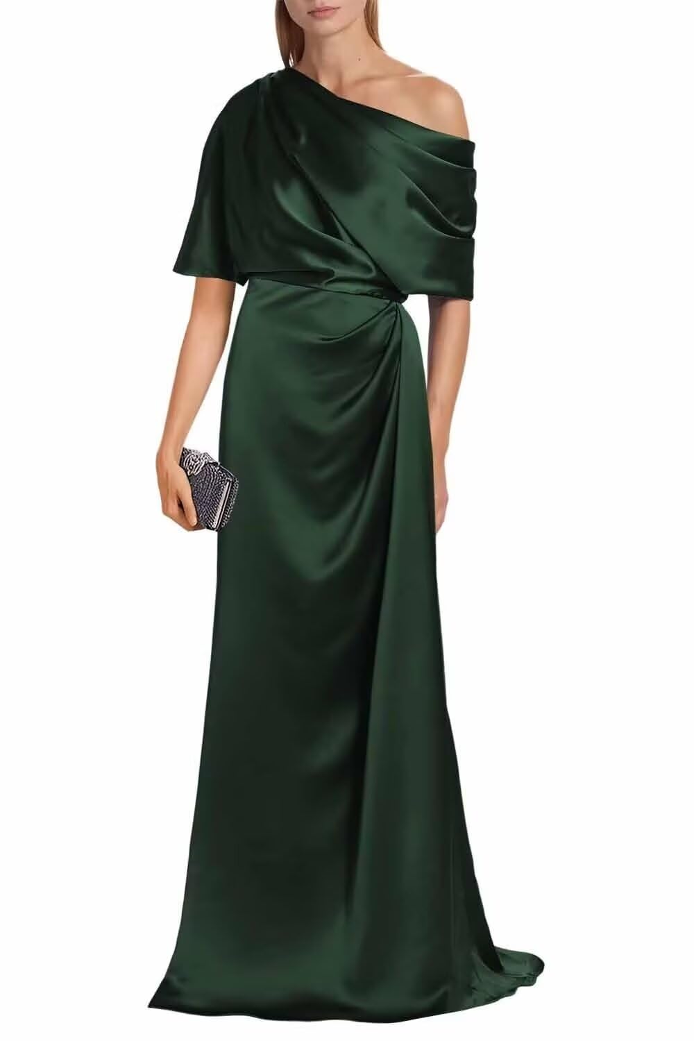 Satin Mother of The Bride Dresses for Wedding One Shoulder Formal Dress with Sleeves Mermaid Evening Party Gowns