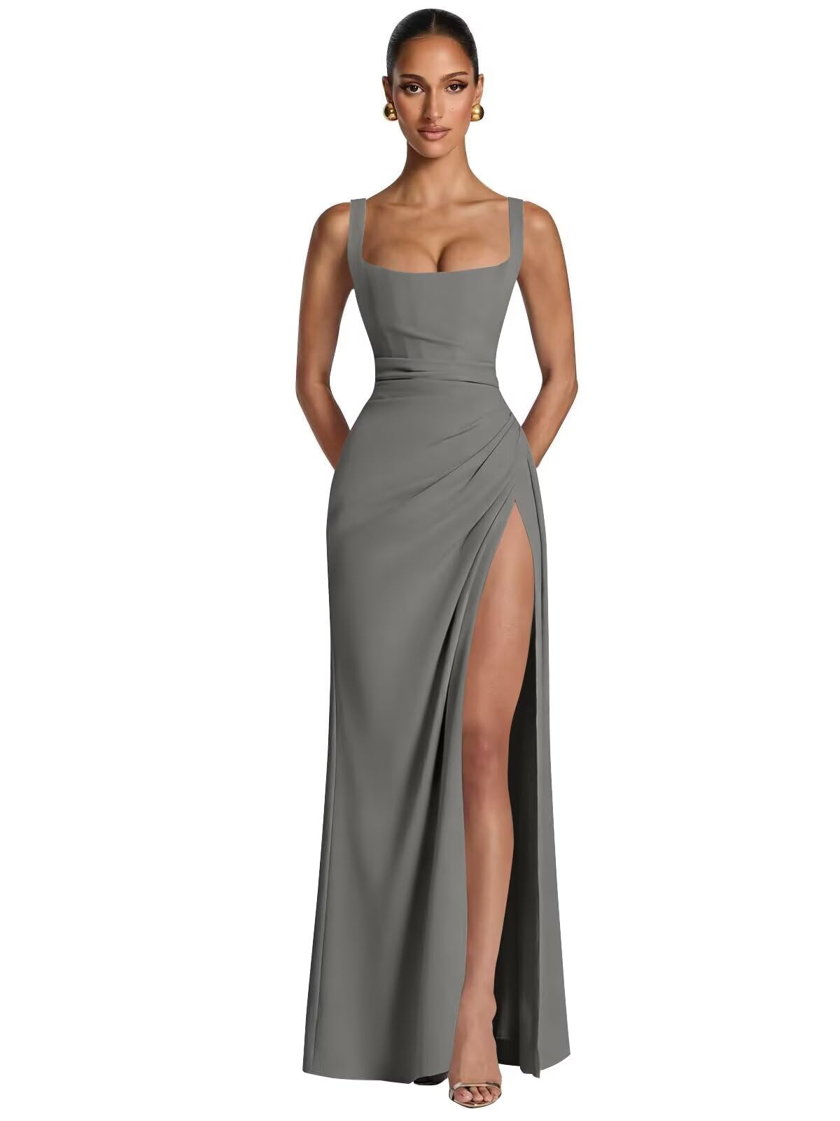 Kingbridal Mermaid Bridesmaid Dresses for Women Square Neck Formal Dress with Slit